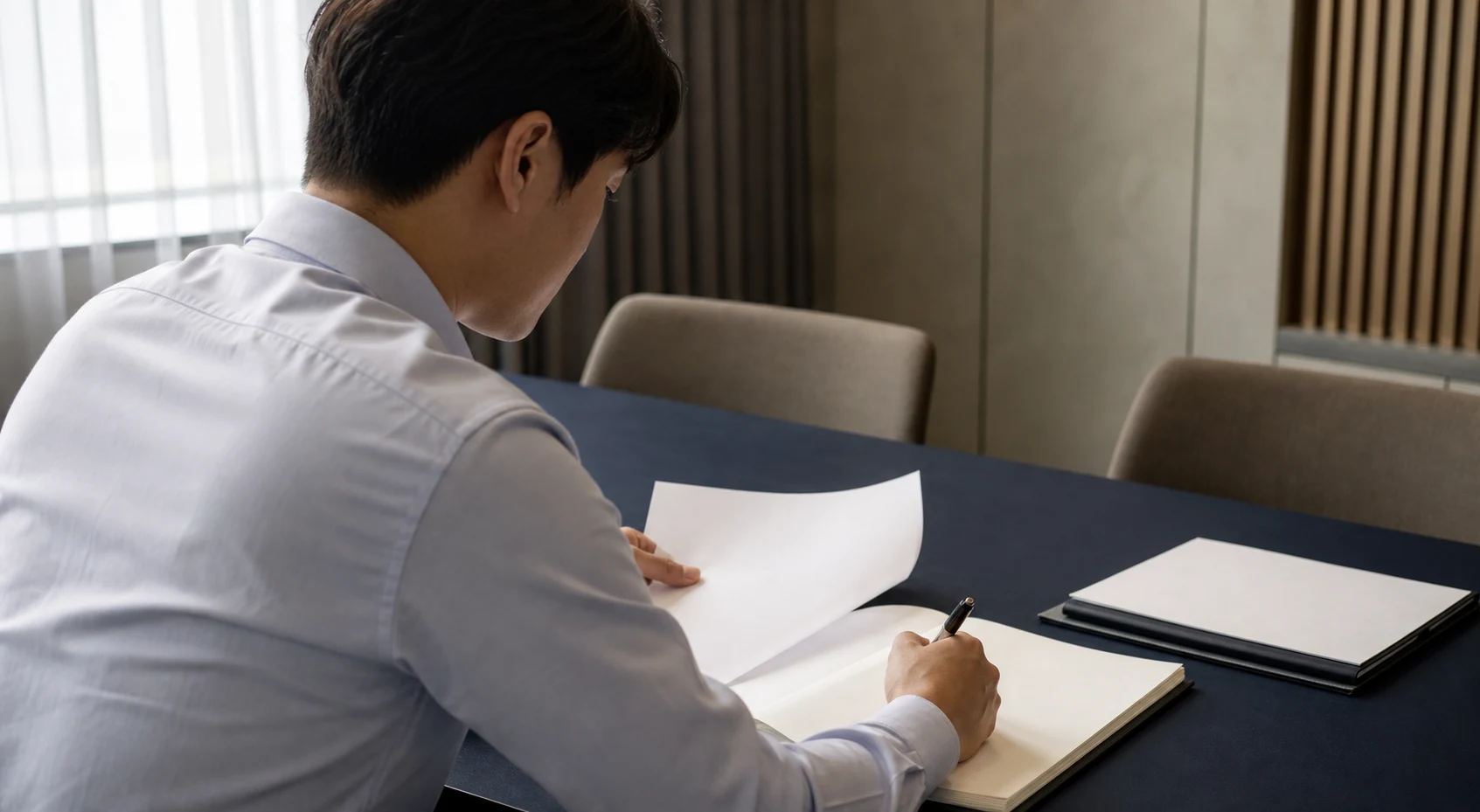 서류를 살펴보며 메모하는 상담 장면